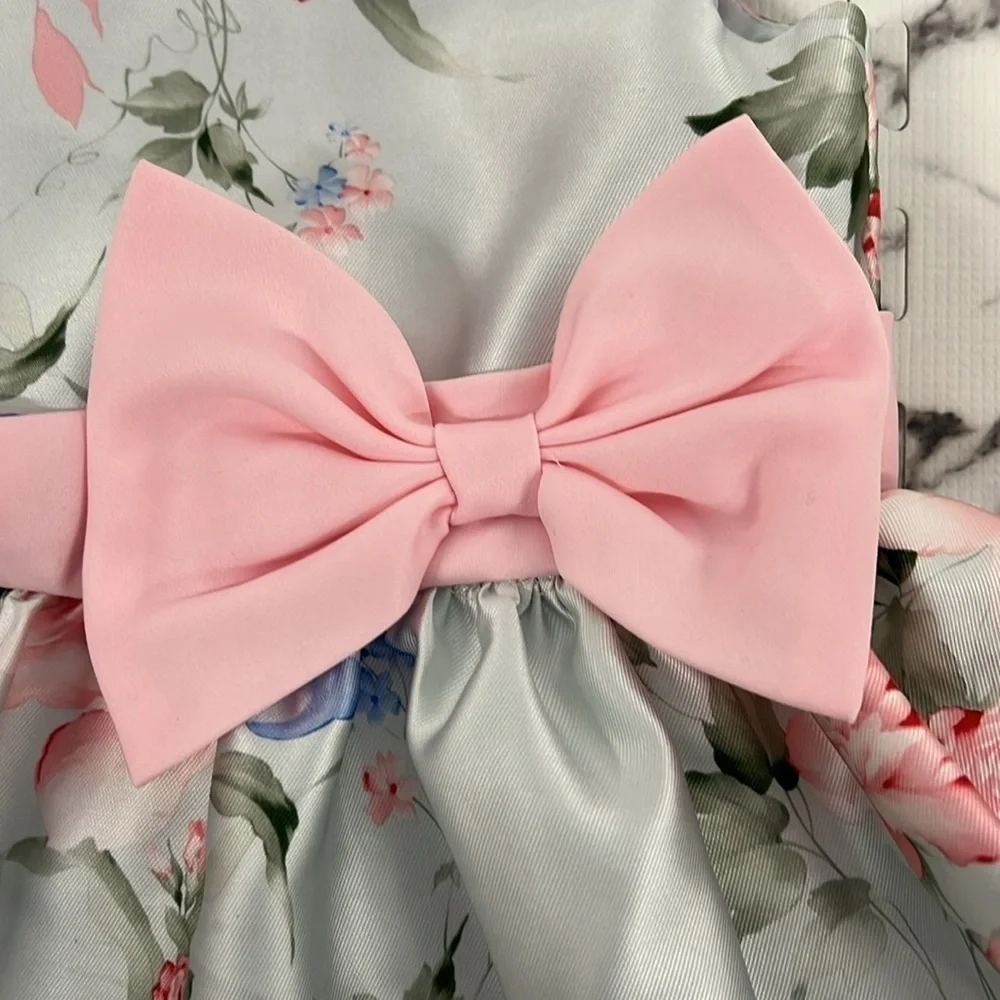 Rare Editions Girls flowery short sleeve dress with front bow and back bow - Picture 2 of 9